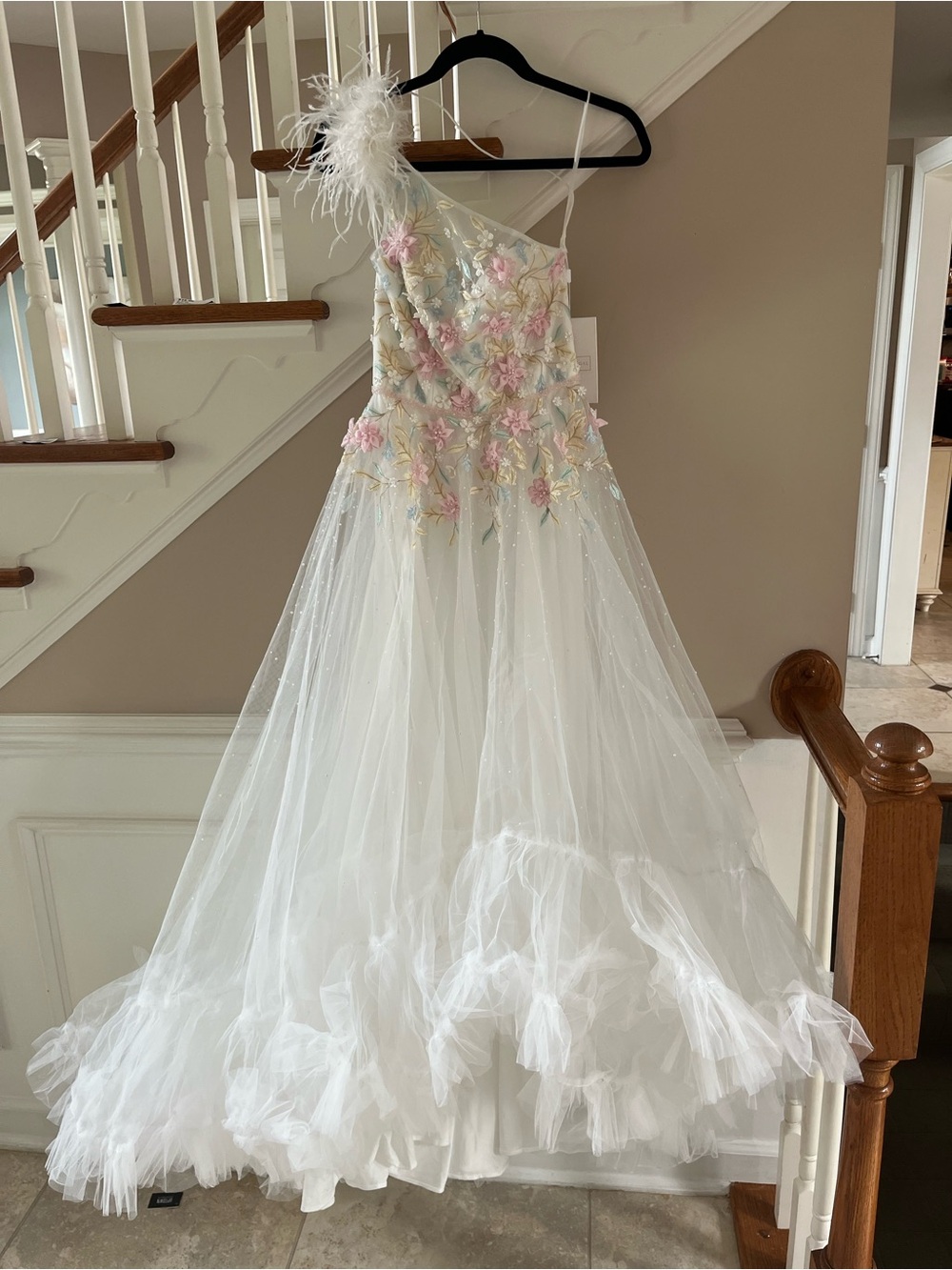 Ieena for Mac Duggal Tulle Dress with Pink and Gold Floral Embroidery